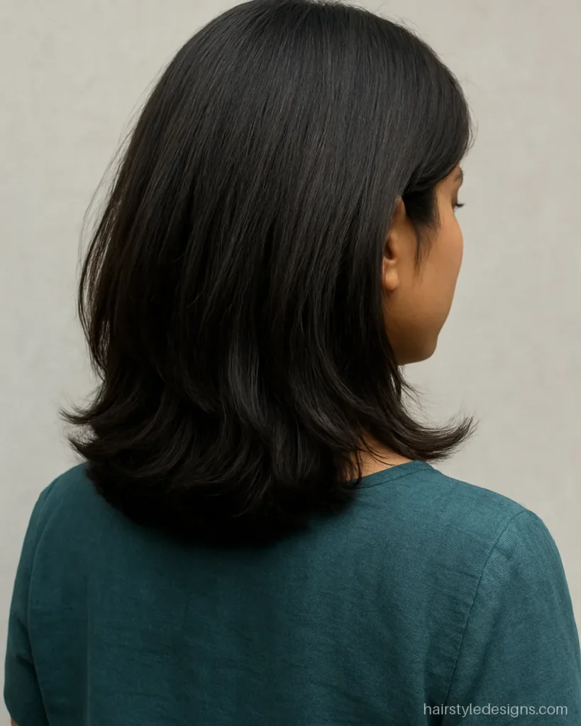 Double step hair cutting with two bold tiers on shoulder blade length hair