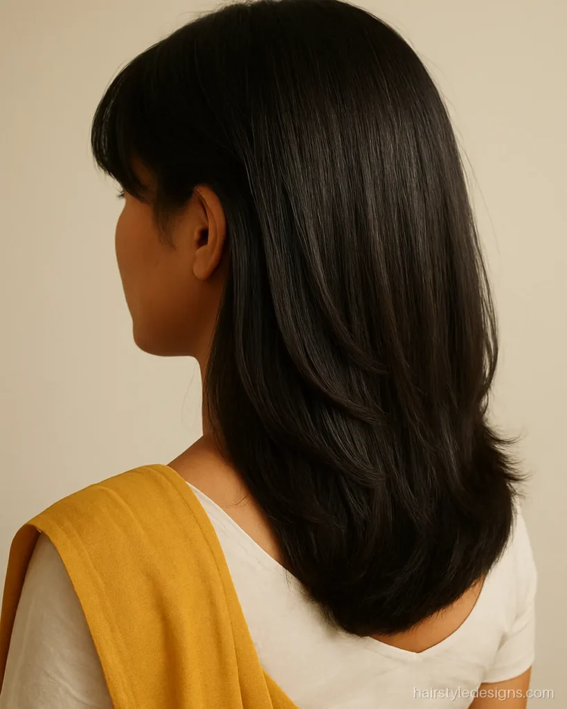 Step cut hairstyle with layered tiers and a soft curtain fringe from the side