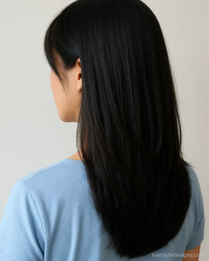 Step cut with layers and face-framing pieces on long straight hair
