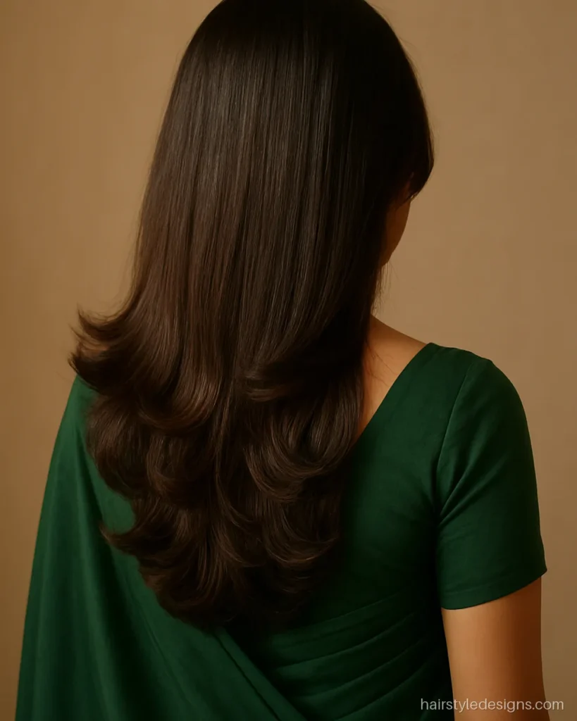 Long step haircut blow dried with each tier flicked outward for bounce