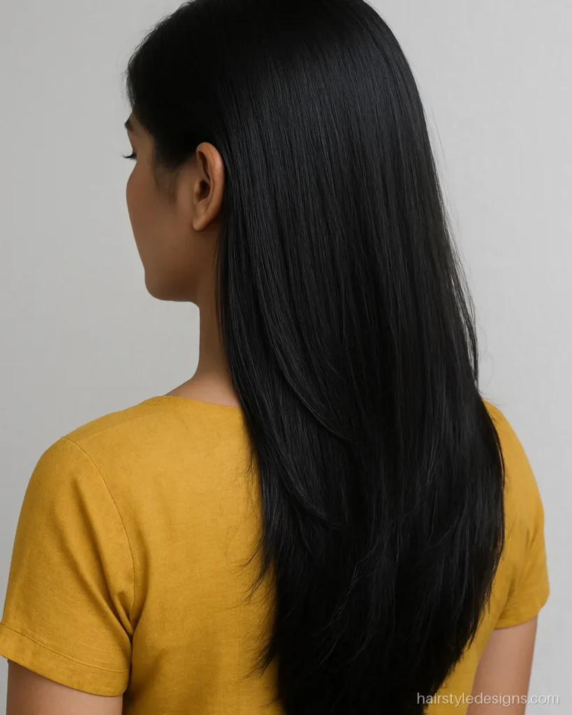 Indian step cut for long hair with a deep side part and silky tiers
