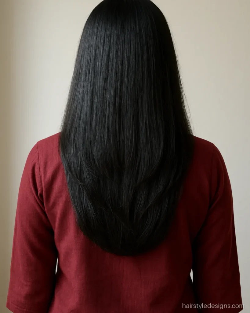 Step cut for long hair with three clear tiers on straight waist-length hair