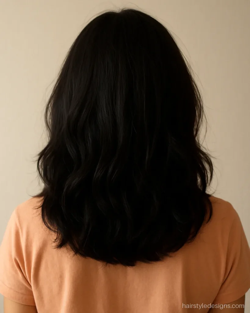 Medium step haircut on soft wavy hair falling to the shoulder blades