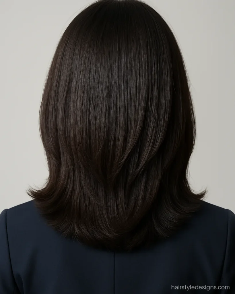 Step cut hairstyle on medium hair with a U-shaped hem and smooth tiers