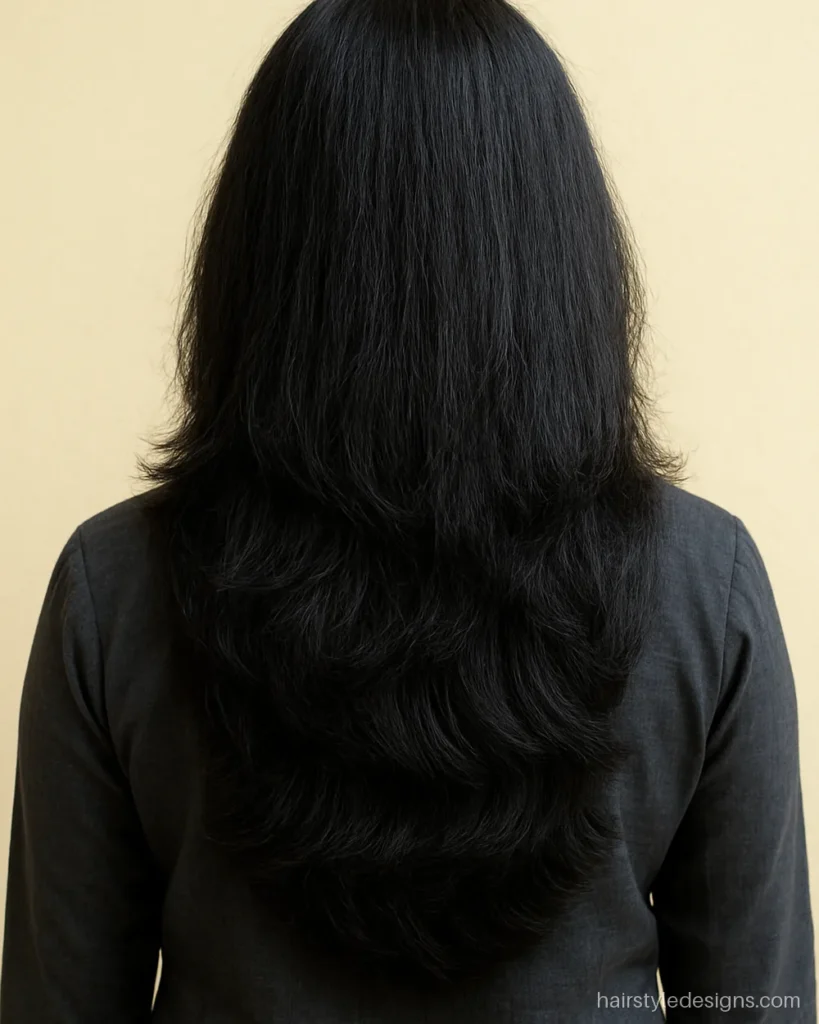 Multi step hair cutting with blended layers inside each tier for thick hair
