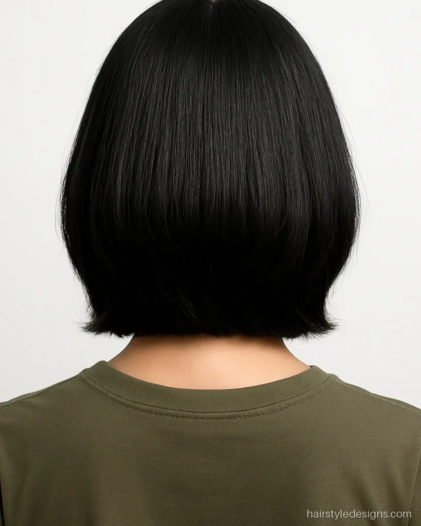 Shoulder length step cut for short hair with two visible steps at the back
