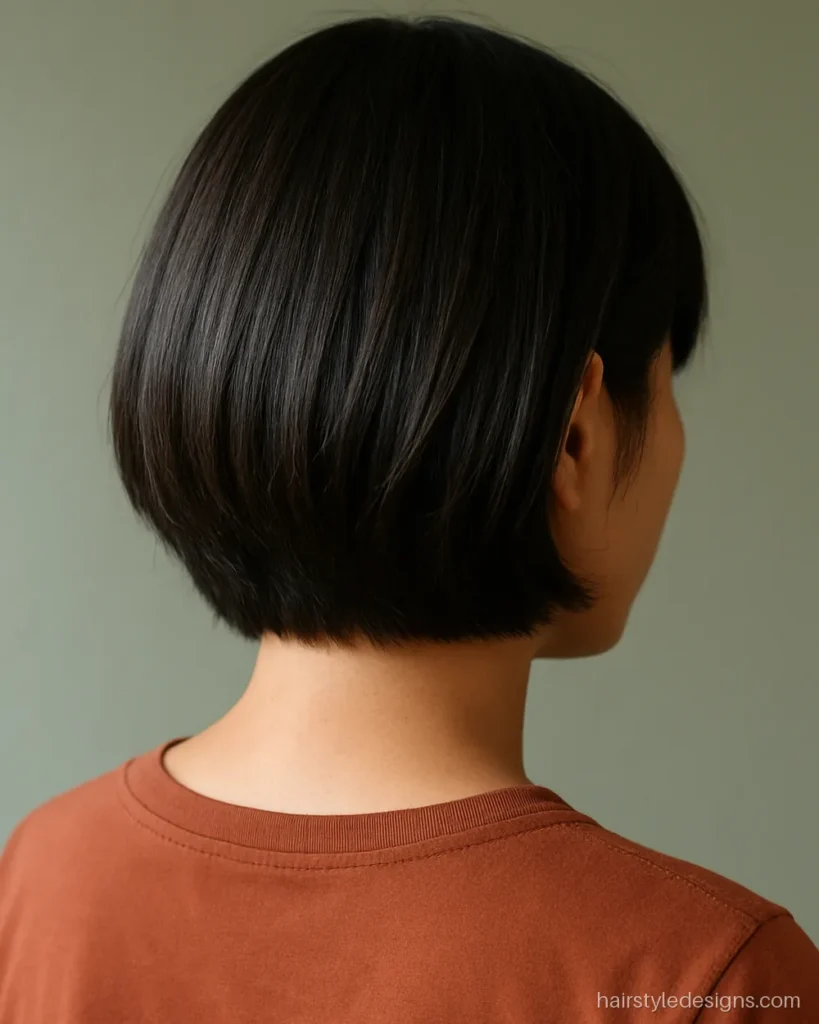 Short step haircut with stacked tiers at the nape on thick hair