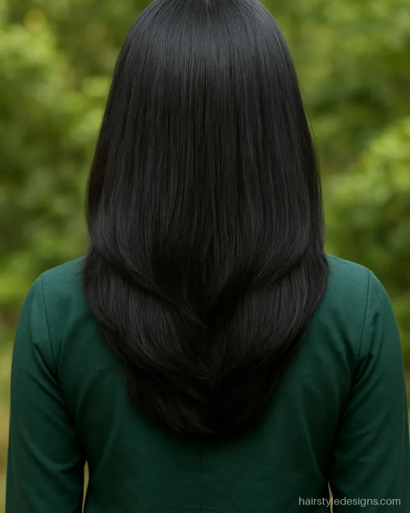 3 step cutting hairstyle on mid-back hair with three evenly spaced tiers
