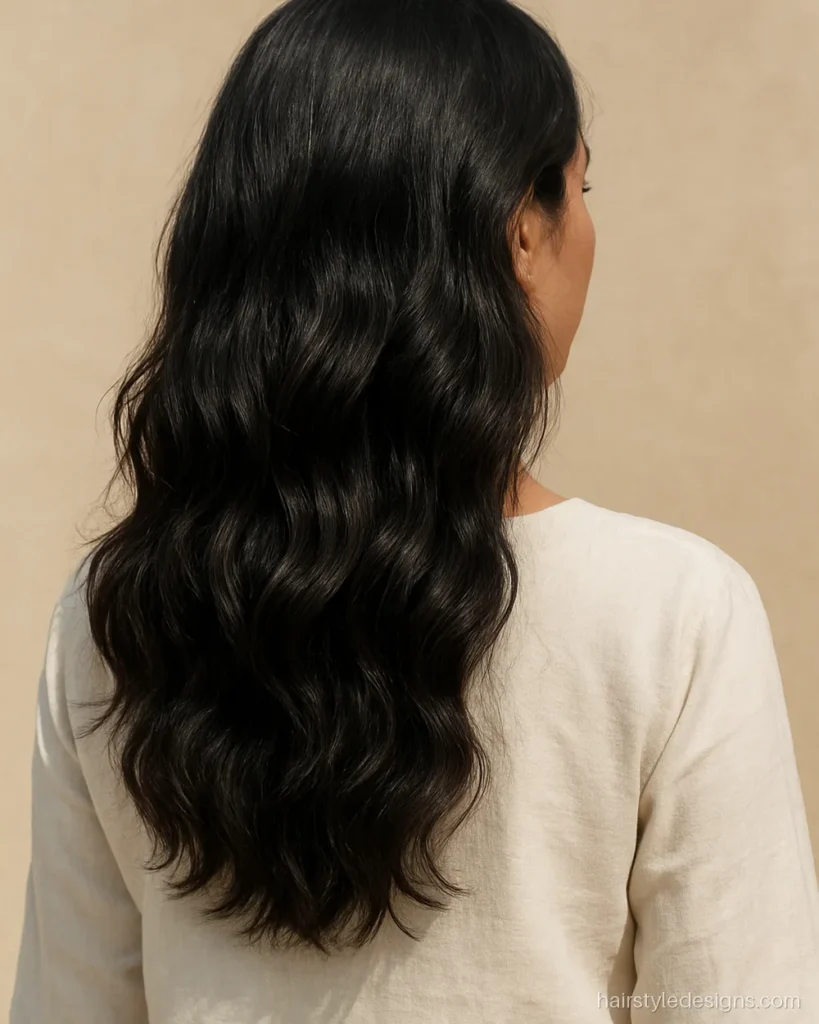 Step cut for wavy hair with three soft tiers and loose beach waves
