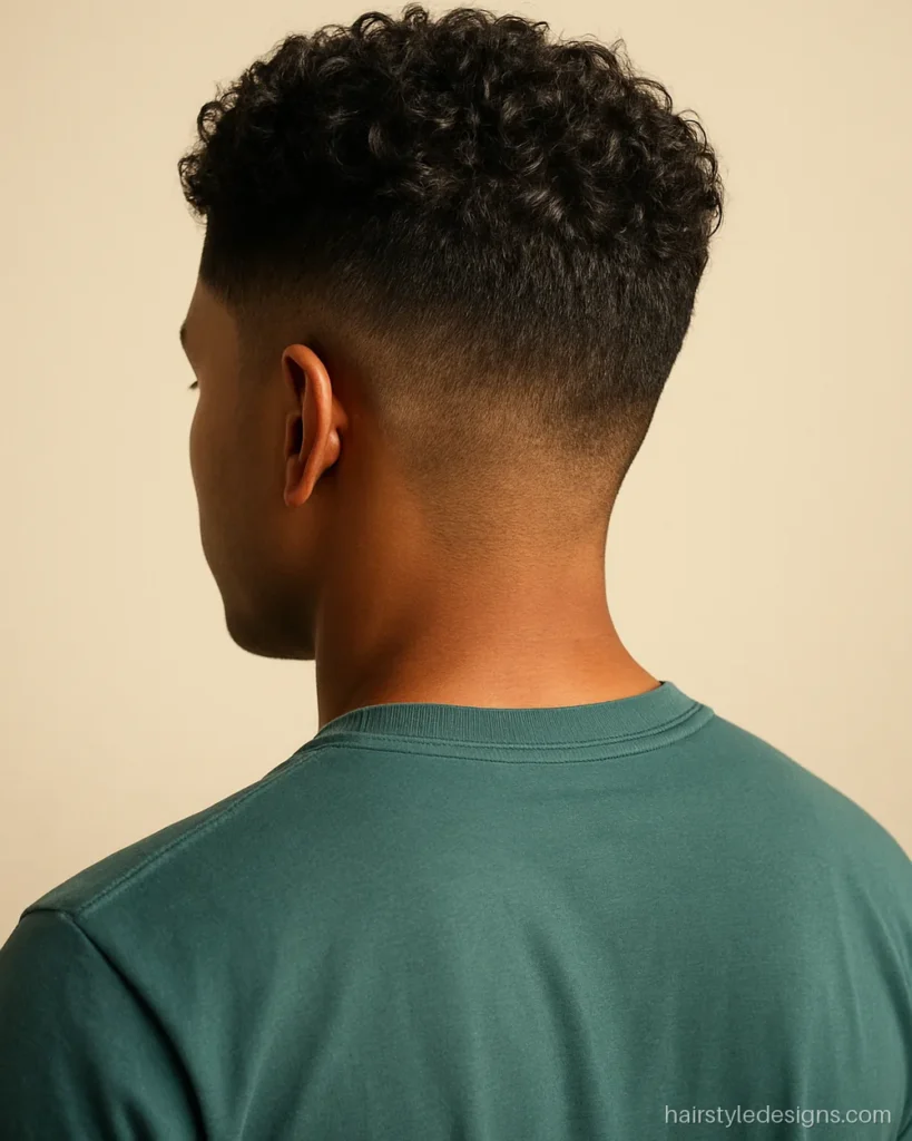 Short hair hairstyle for boys with short curls on top and a fade