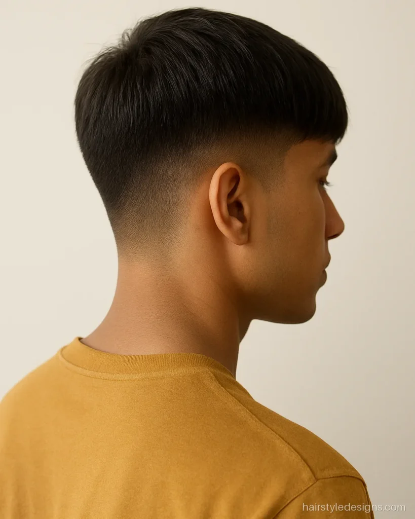 Boys short hairstyle with soft forward fringe and low taper