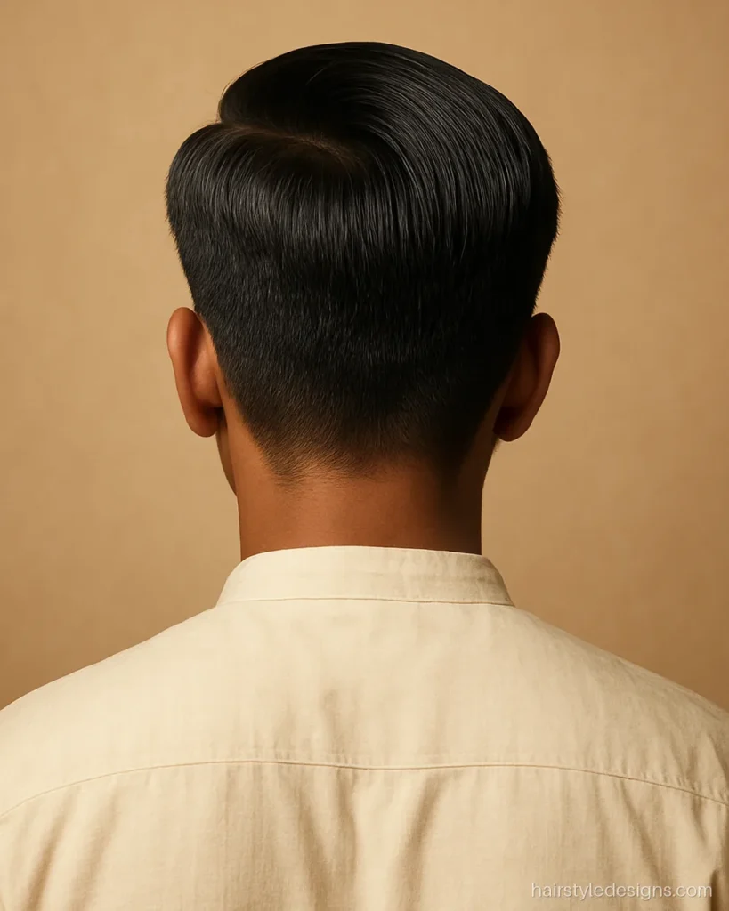 Short hair simple South Indian hairstyle with a neat side part and oiled shine