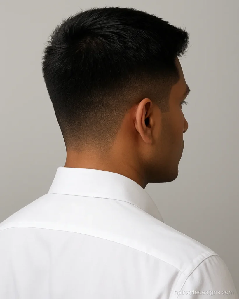 Short hairstyle men classic crew cut with tapered sides and short top