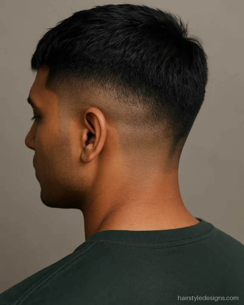Receding hairline hairstyle with a short crop pushed forward