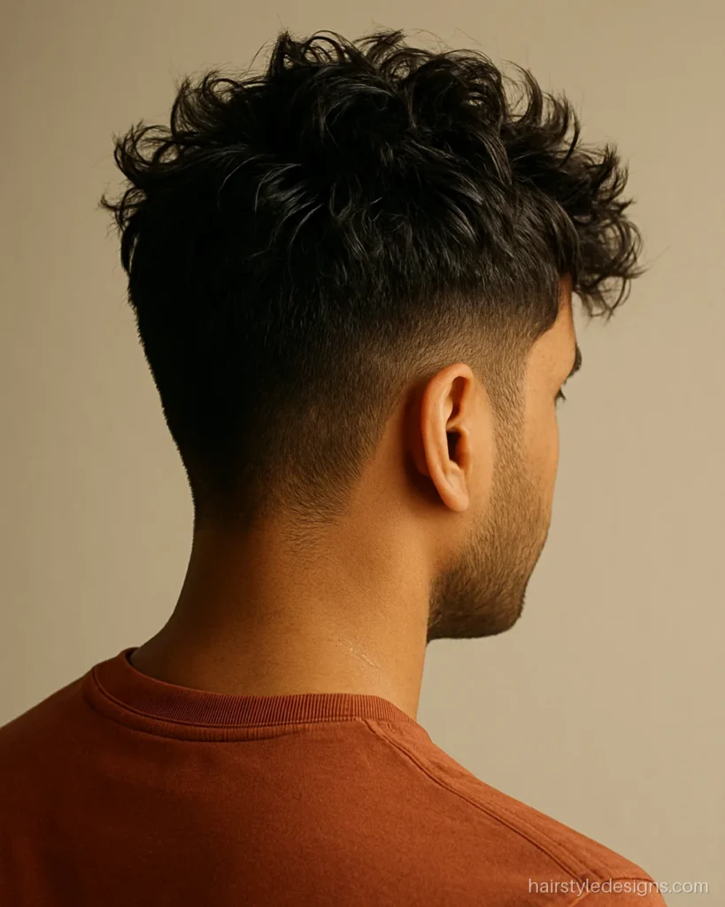 Hairstyle for receding hairline with messy textured top and short sides
