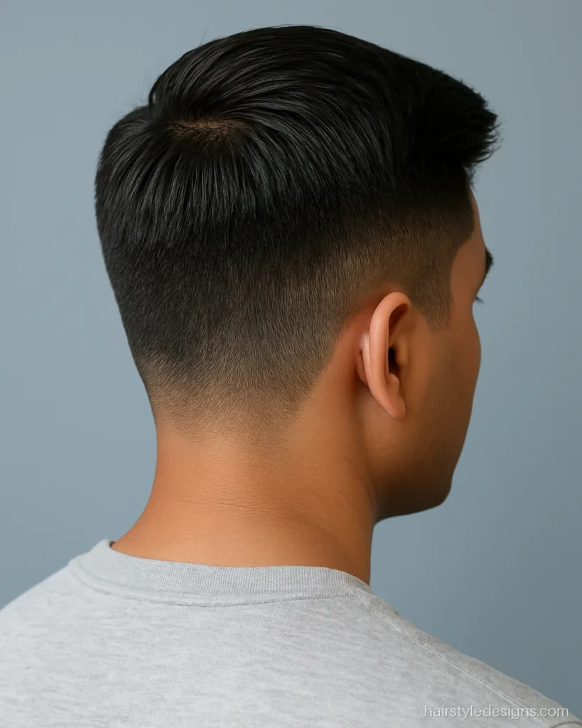 Short hairstyle with a side sweep across the temple for a receding hairline