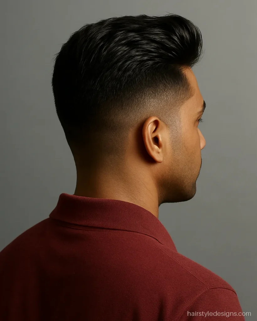 Hairstyle for short hair men with a small quiff and mid fade
