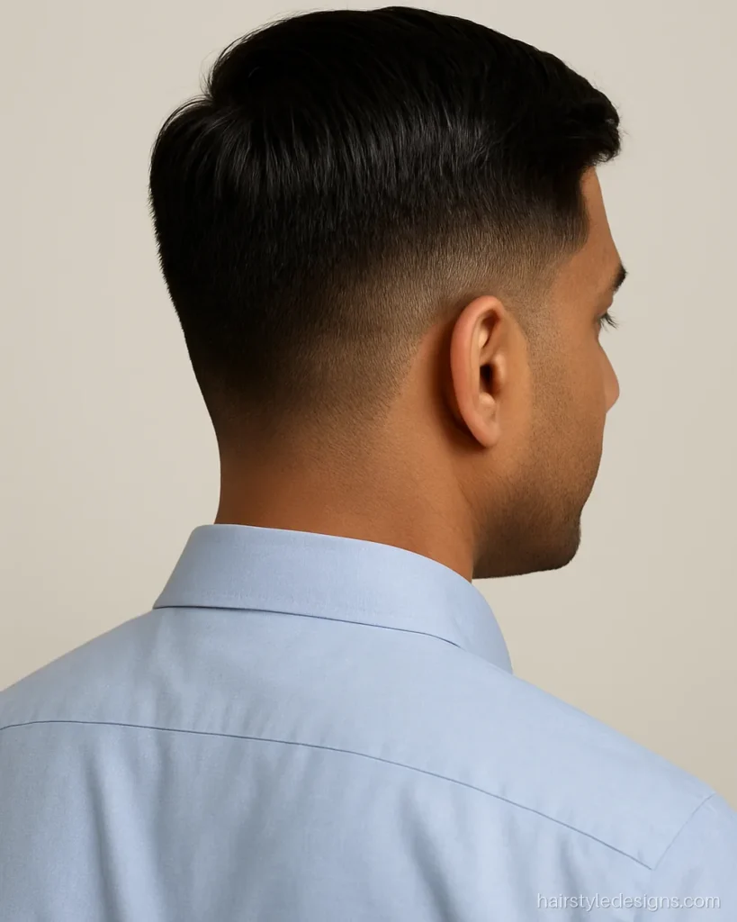 Men hairstyle short side part with a low fade and neat comb line