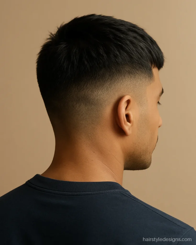 Short hair hairstyle for men with a textured French crop and short fringe