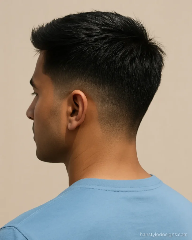 Short hairstyle men with thin hair brushed up and a soft taper
