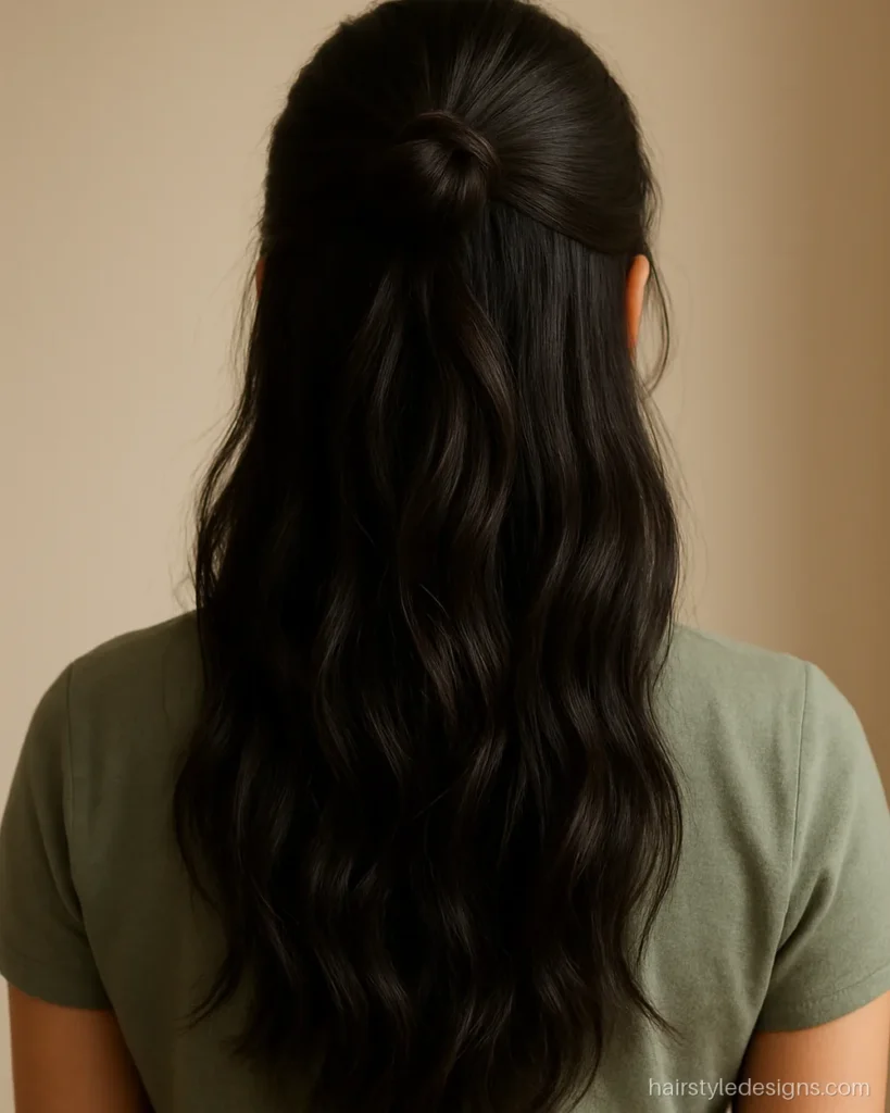 College student hairstyle with a half up mini bun and open lengths