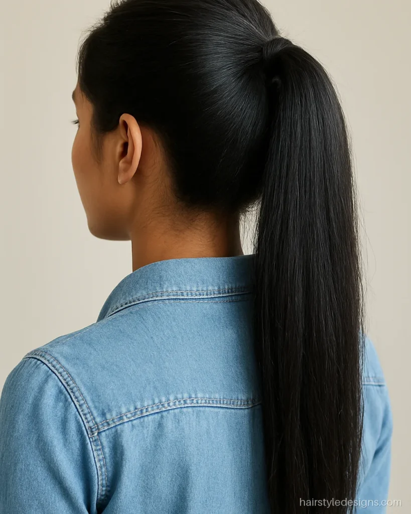College hairstyle with a high ponytail and a small puff at the crown