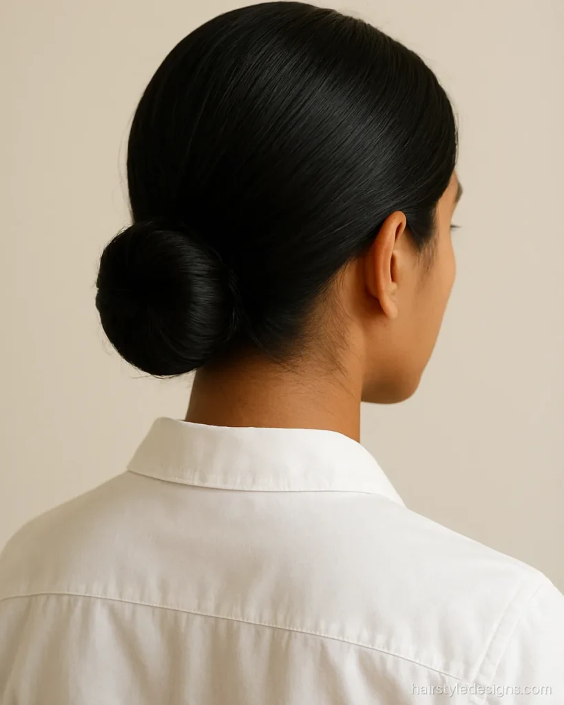 Indian normal hairstyle with a sleek low bun for office