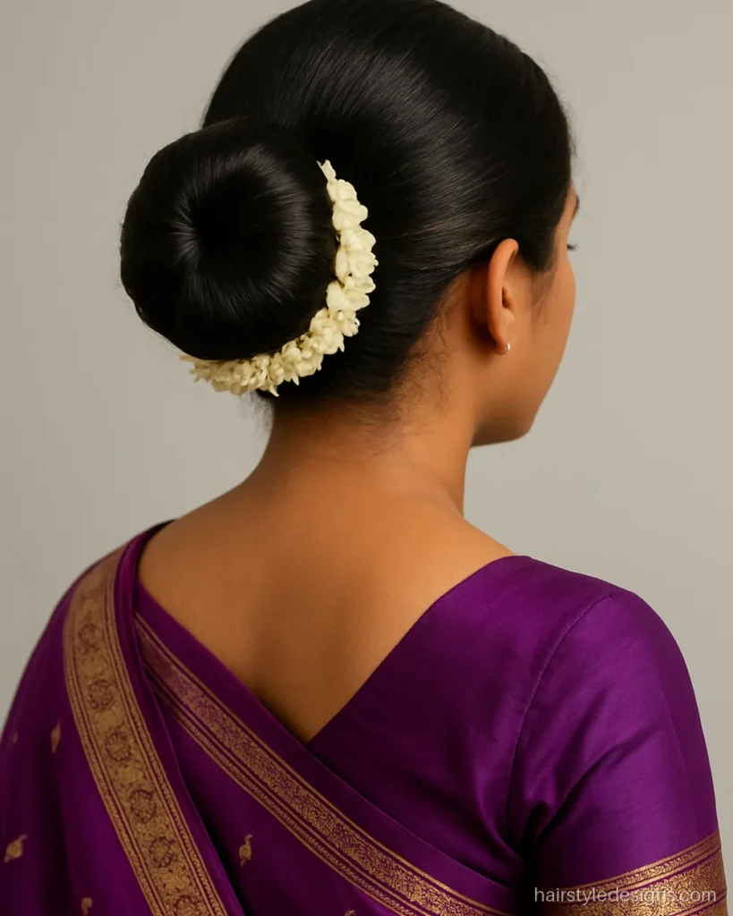 Simple Marathi hairstyle with a neat ambada bun and gajra