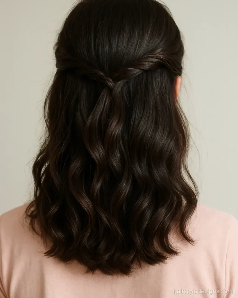 Simple hairstyle with open hair and a small half up section pinned