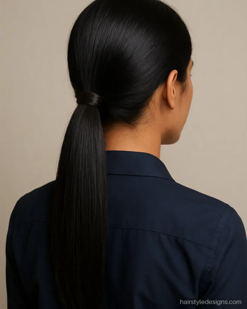Basic hairstyle with a low ponytail and hair wrapped over the elastic