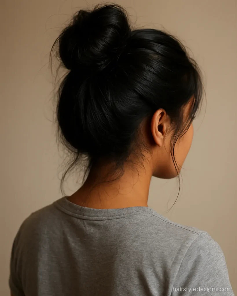 Quick hairstyle with a messy high bun on top of the head