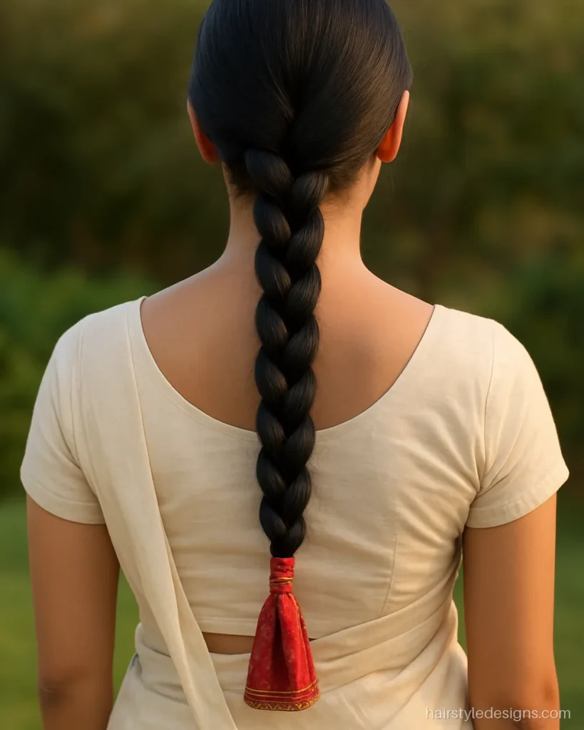 Simple chotla hairstyle with a long braid ending in a tassel