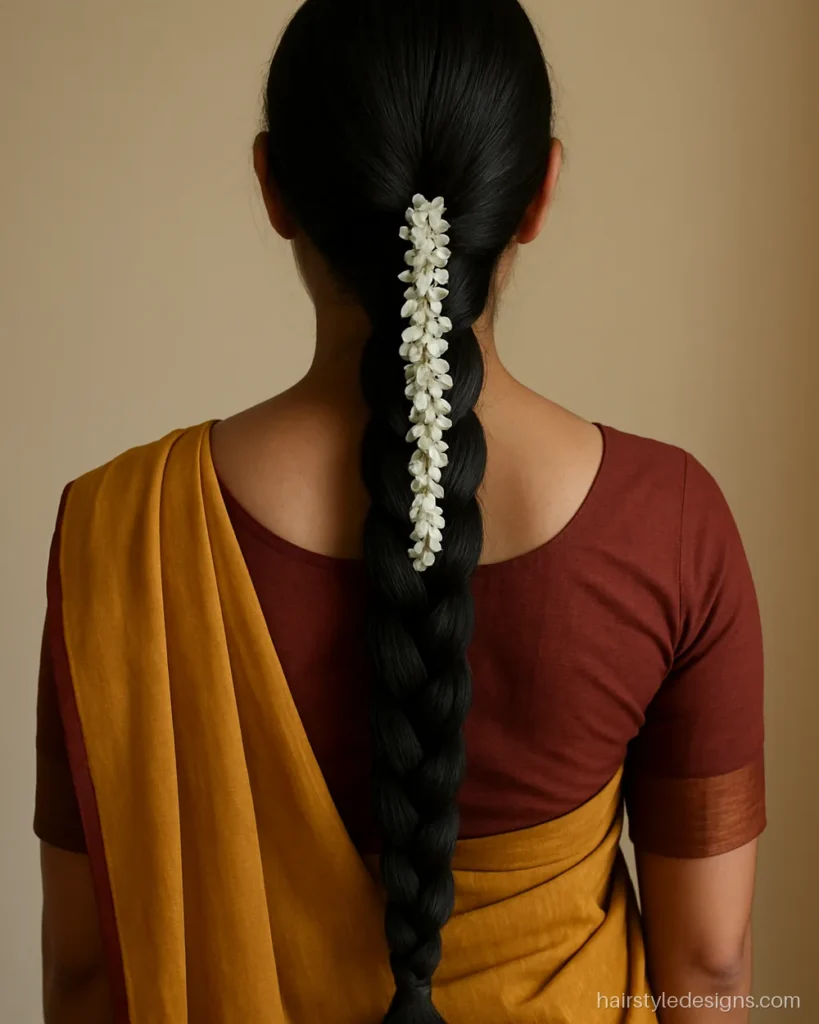 Simple jadai hairstyle with a long braid and a jasmine strand