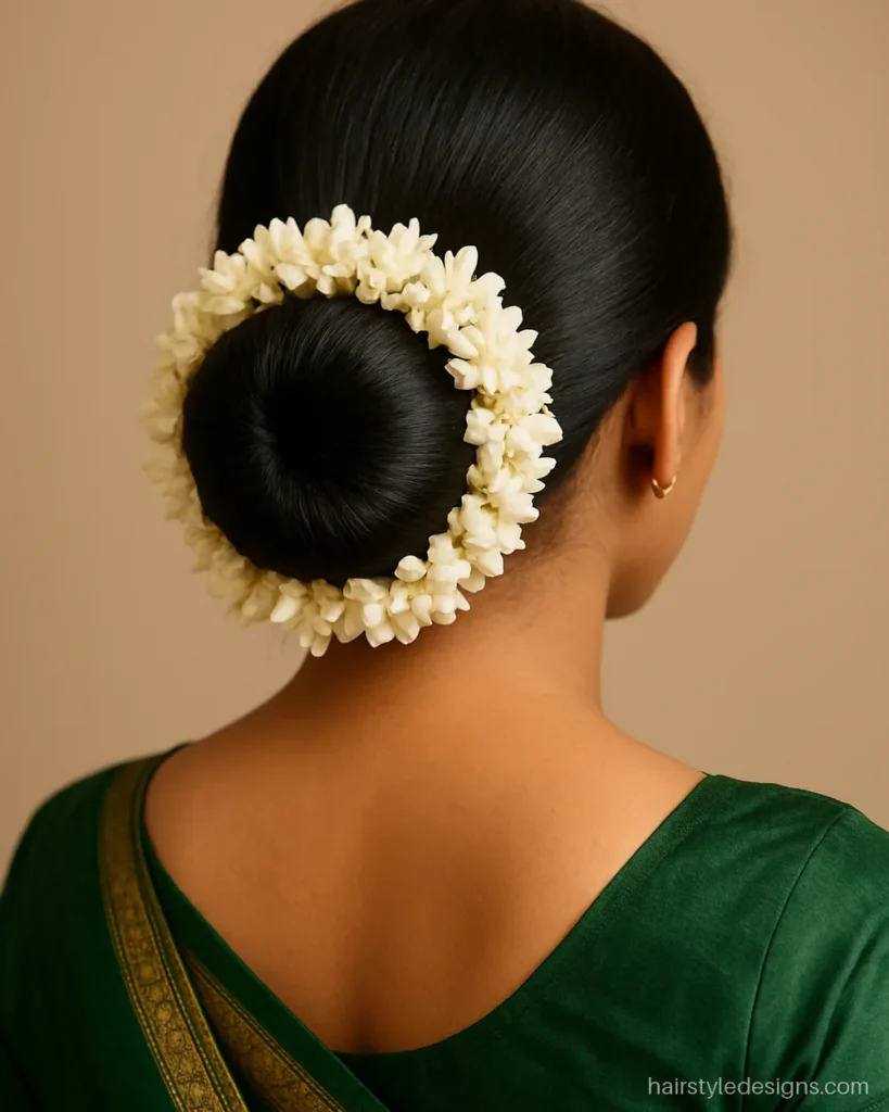 Simple kondai hairstyle with a low round bun and jasmine around it