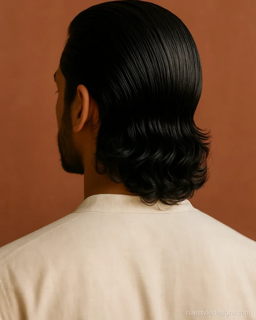 Classic slick back hairstyle on longer wavy hair falling to the collar