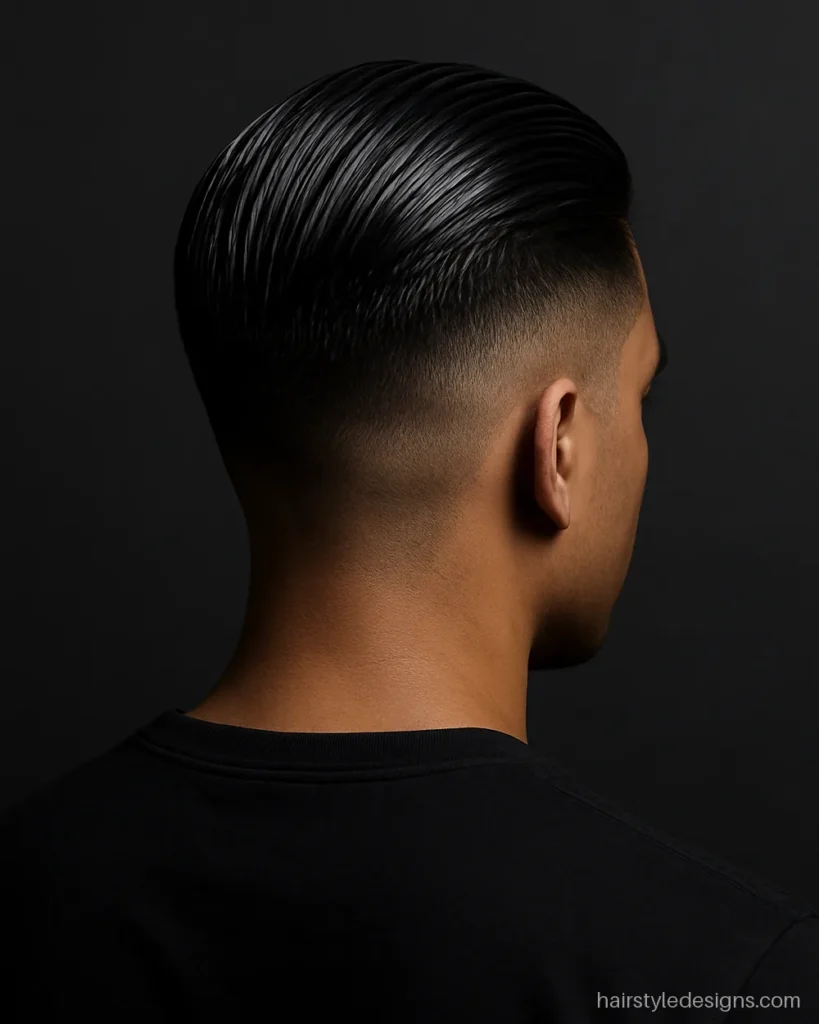 Slick back hairstyle men love with a glossy finish and disconnected undercut