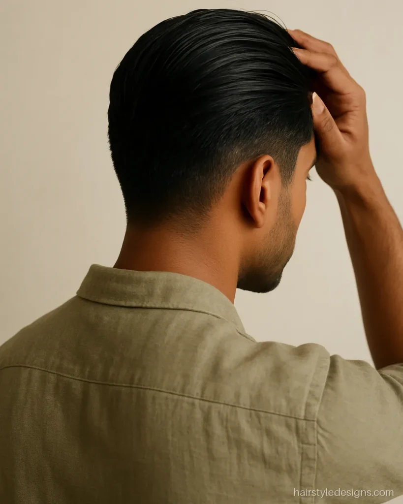 Slicked back hairstyle with a matte natural finish and medium length top
