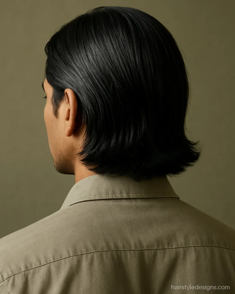 Middle part flow hairstyle men with medium length hair tucked behind the ears