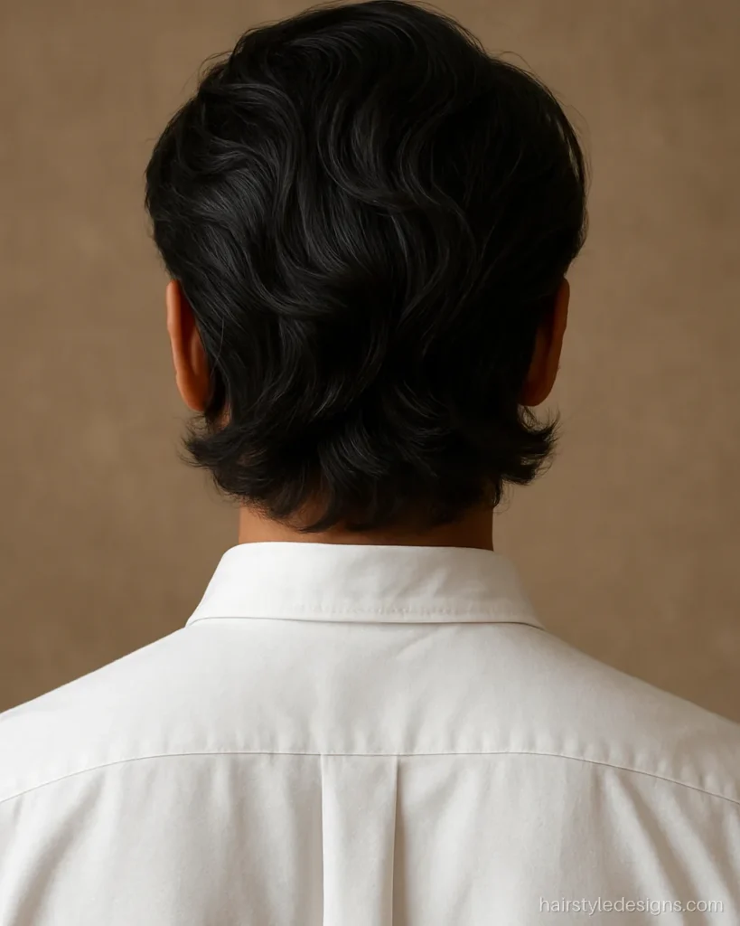 Gentleman hairstyle with wavy hair swept back loosely and tucked behind the ears