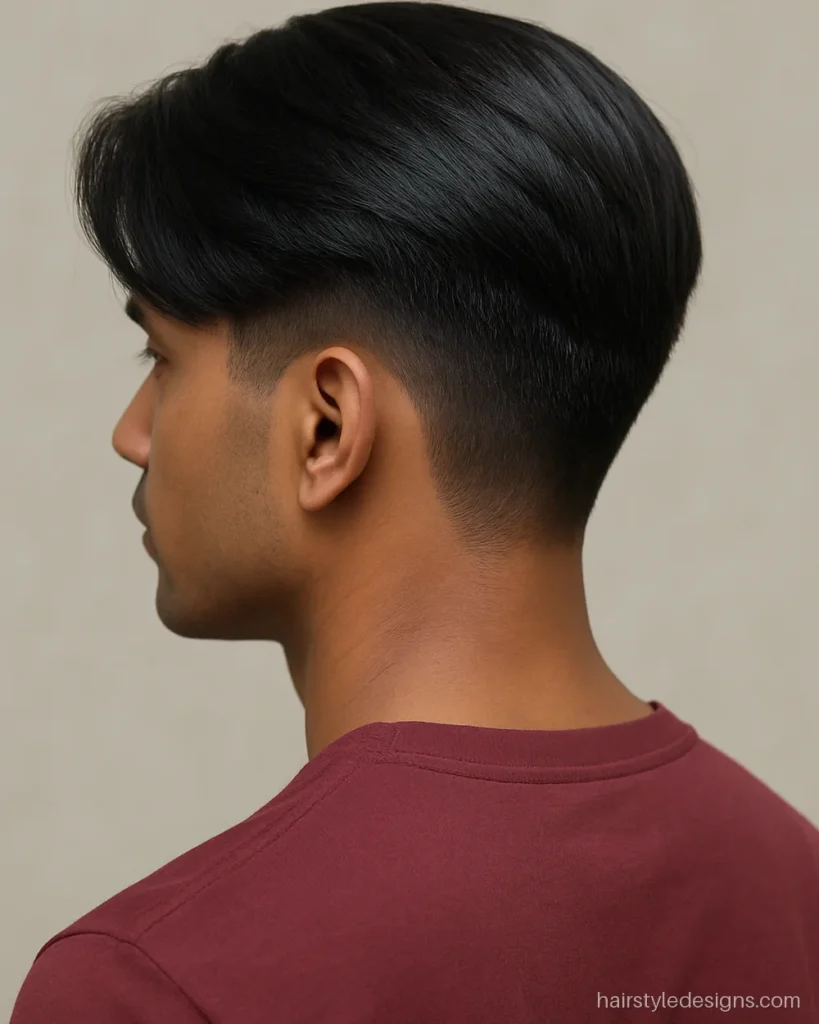 One side hairstyle men wear with a long fringe swept fully to the right