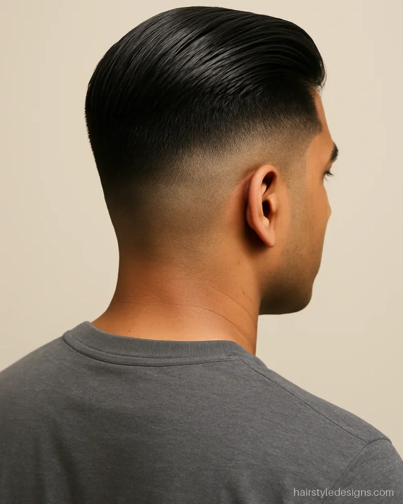 Slick back hairstyle men try with a high skin fade and short combed top