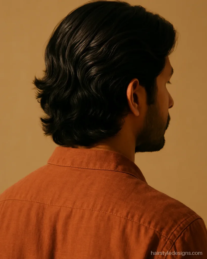 Side part flow hairstyle with medium wavy hair sweeping to one side