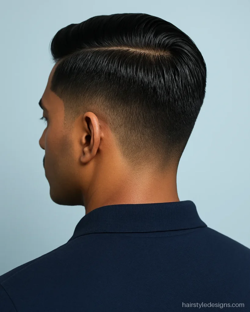 Side part hairstyle men wear with a shaved hard line and a mid taper