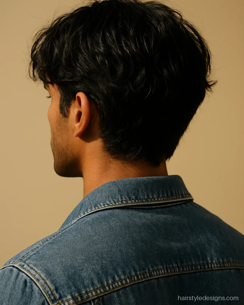 Textured curtains hairstyle with a messy middle part on wavy hair