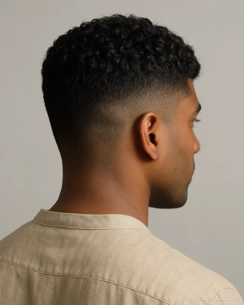Crop cut hairstyle in Caesar shape on short curly hair