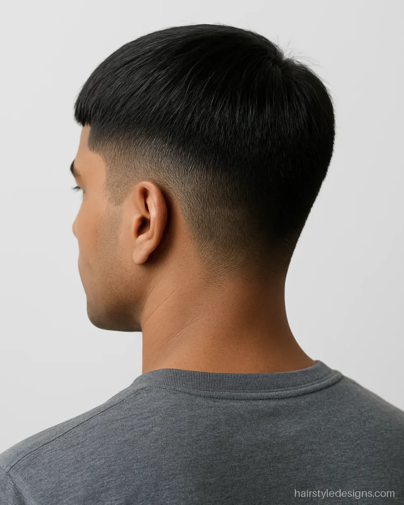 Caesar cut hairstyle with a flat short fringe and even short top