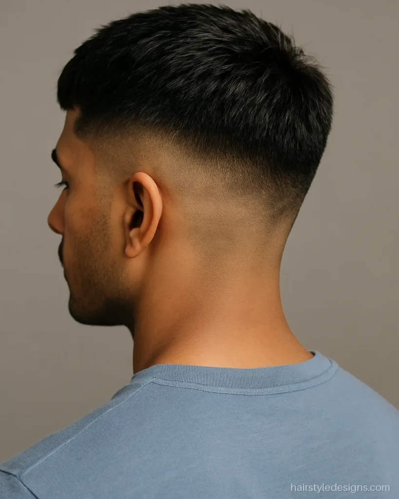 Textured Caesar cut hairstyle with a high skin fade on the sides