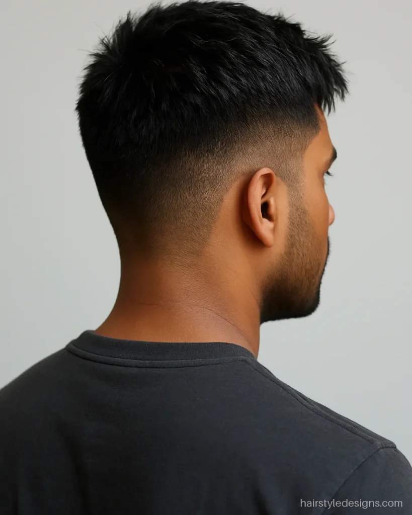 Textured crop hairstyle men with a choppy forward top and matte finish