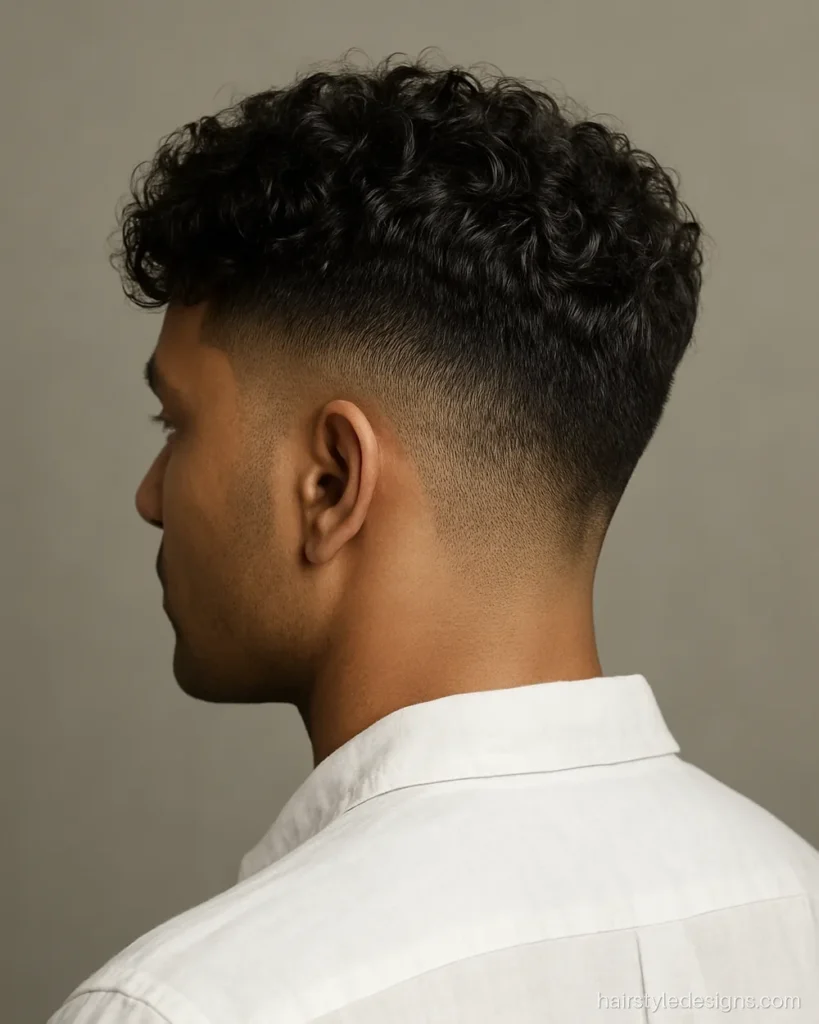Curly French crop hairstyle with defined curls falling into a short fringe