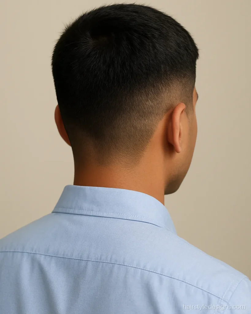 French crop hairstyle back side view with a rounded taper and short crown
